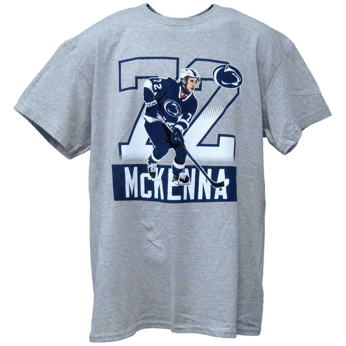 heather gray short sleeve t-shirt with 72 McKenna, likeness, and Penn State Athletic Logo